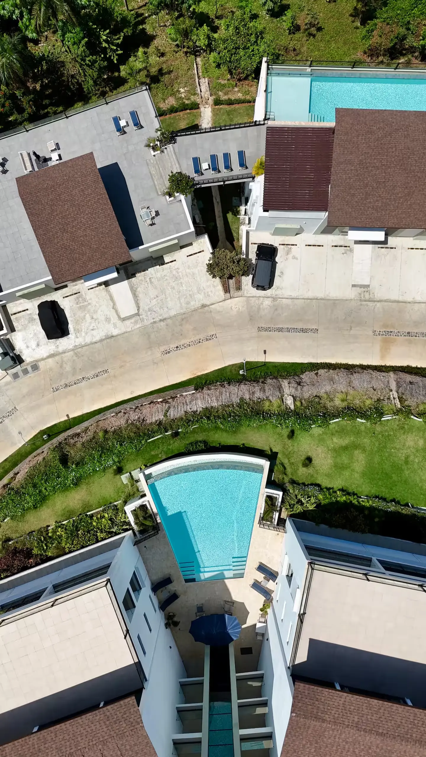 Aerial view of the pool and the residences