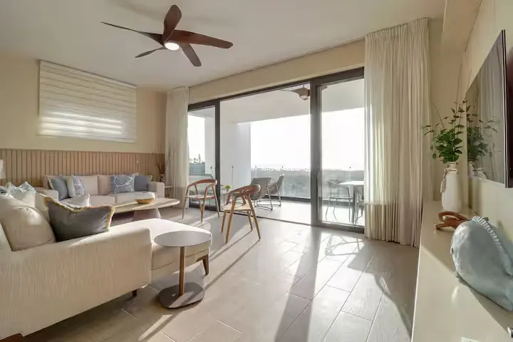 Interior seating area with coastal-blue accent wall