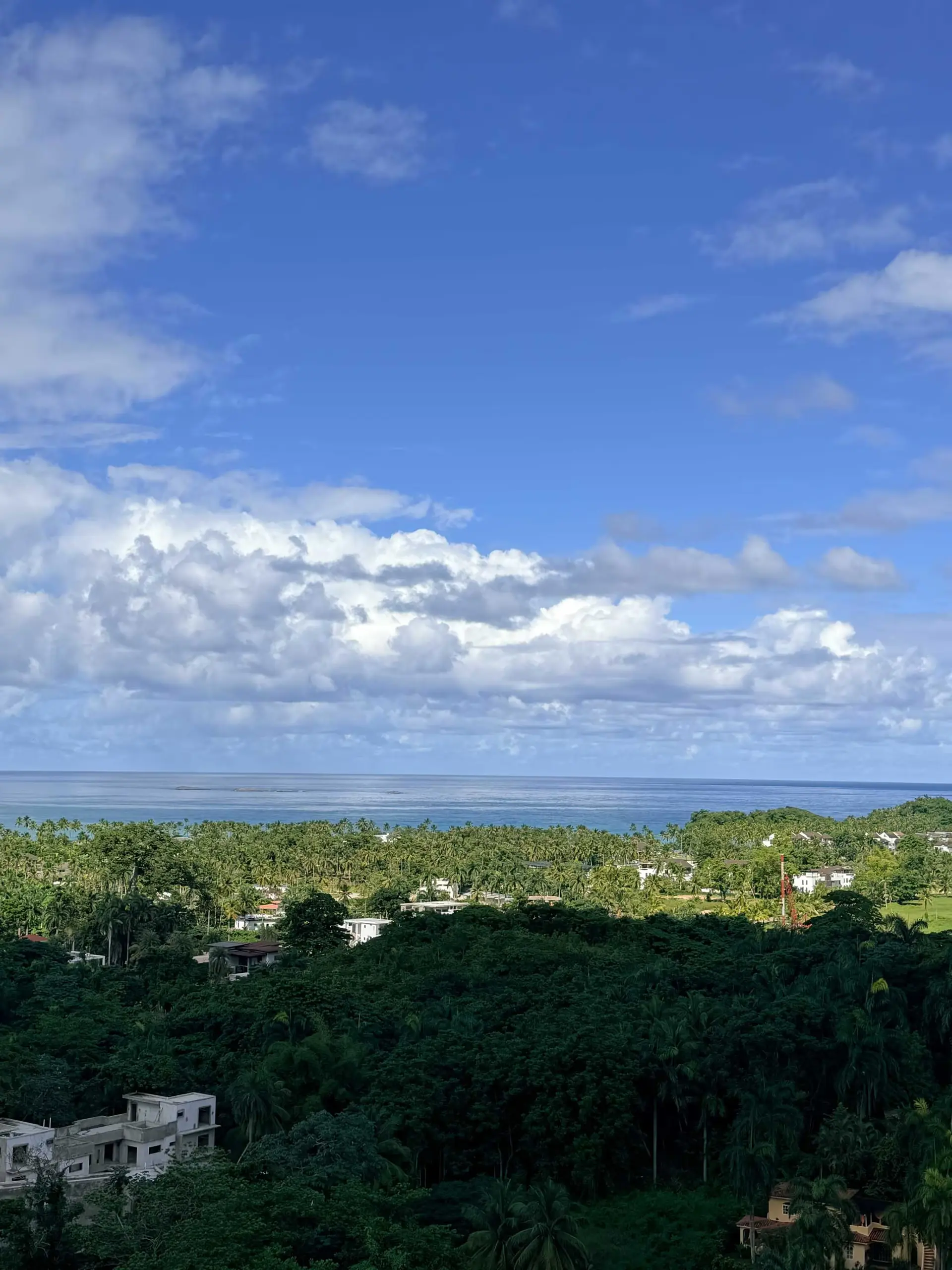 Wide view across the jungle to the Caribbean under dramatic clouds