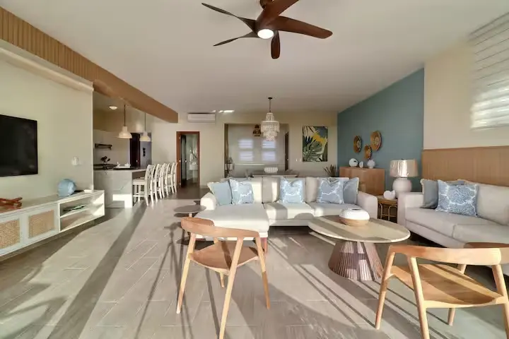 Wide-angle living room with bleached oak floors